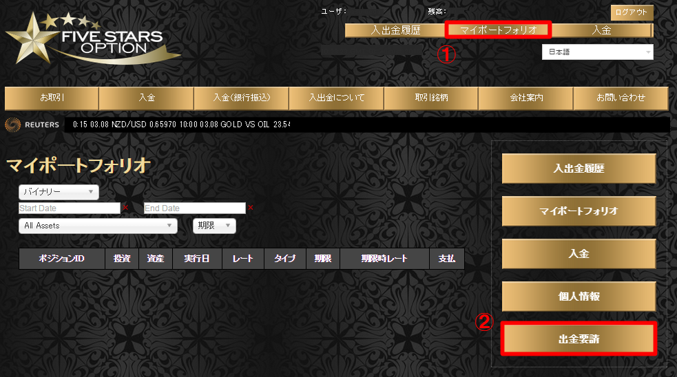 FIVE STARS OPTION(ファイブスターズオプション)出金画面