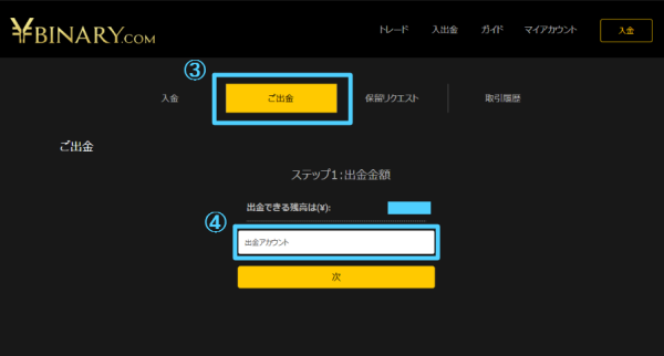 Yバイナリー出金申請画面