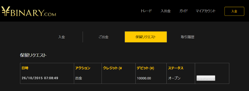 Yバイナリー出金申請画面