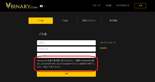 Yバイナリー、ネッテラーによる入金サービス終了
