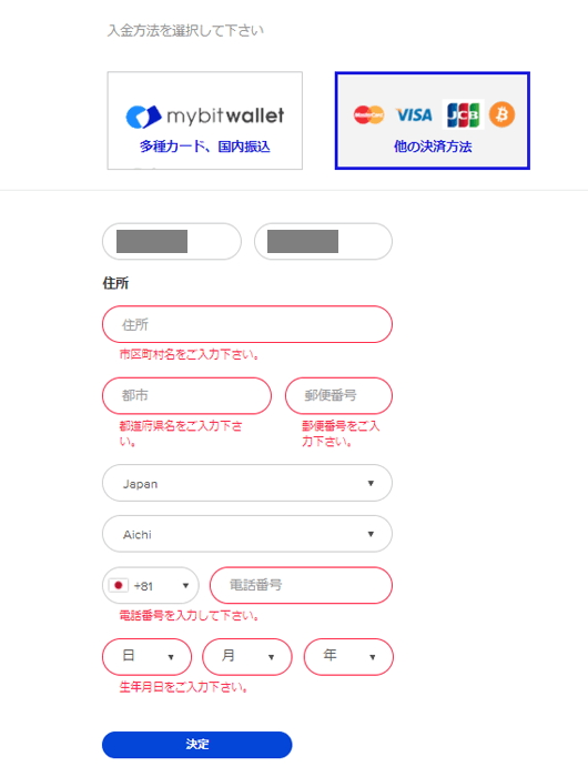 VISA、MasterCard、JCBの入金項目