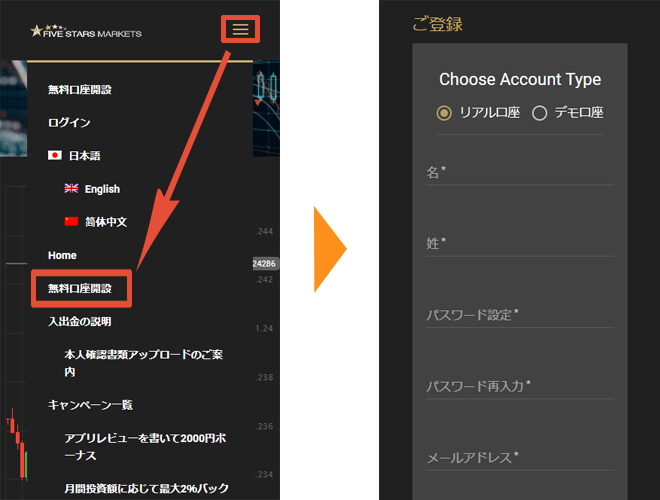 モバイル版FIVE STARS MARKETS(ファイブスターズマーケッツ)で口座開設をする