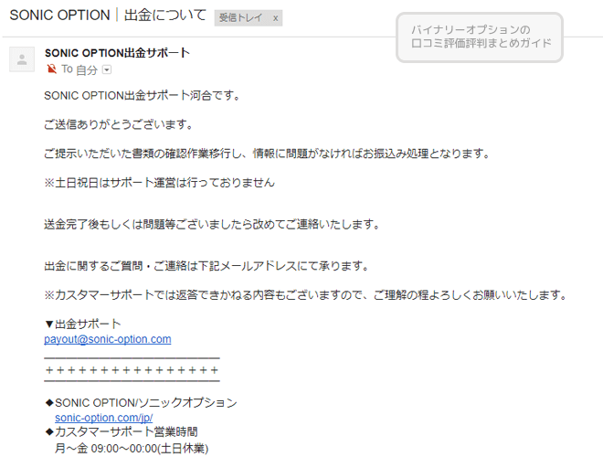 ソニックオブション　入出金履歴